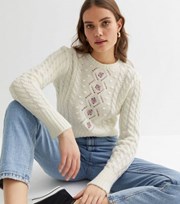 New Look Off White Flower Embroidered Cable Knit Jumper